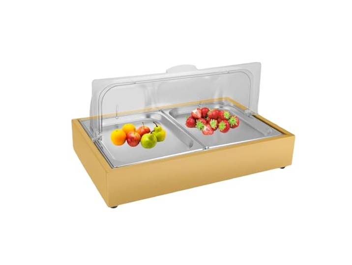WUCIOA Serviertablett für EIS, 2 Kühlfächer, Kühlplatte für kalte Speisen, transparenter PC-Rolldeckel, Edelstahl-Buffettablett, Serviertablett für kalte Speisen für Salat und Obst(Gold)