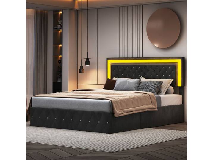 Lit Coffre 160x200 Lit Capitonne Velours Lit Double avec Sommier Tête de Lit Adultes avec led Lit Rembourré Noir