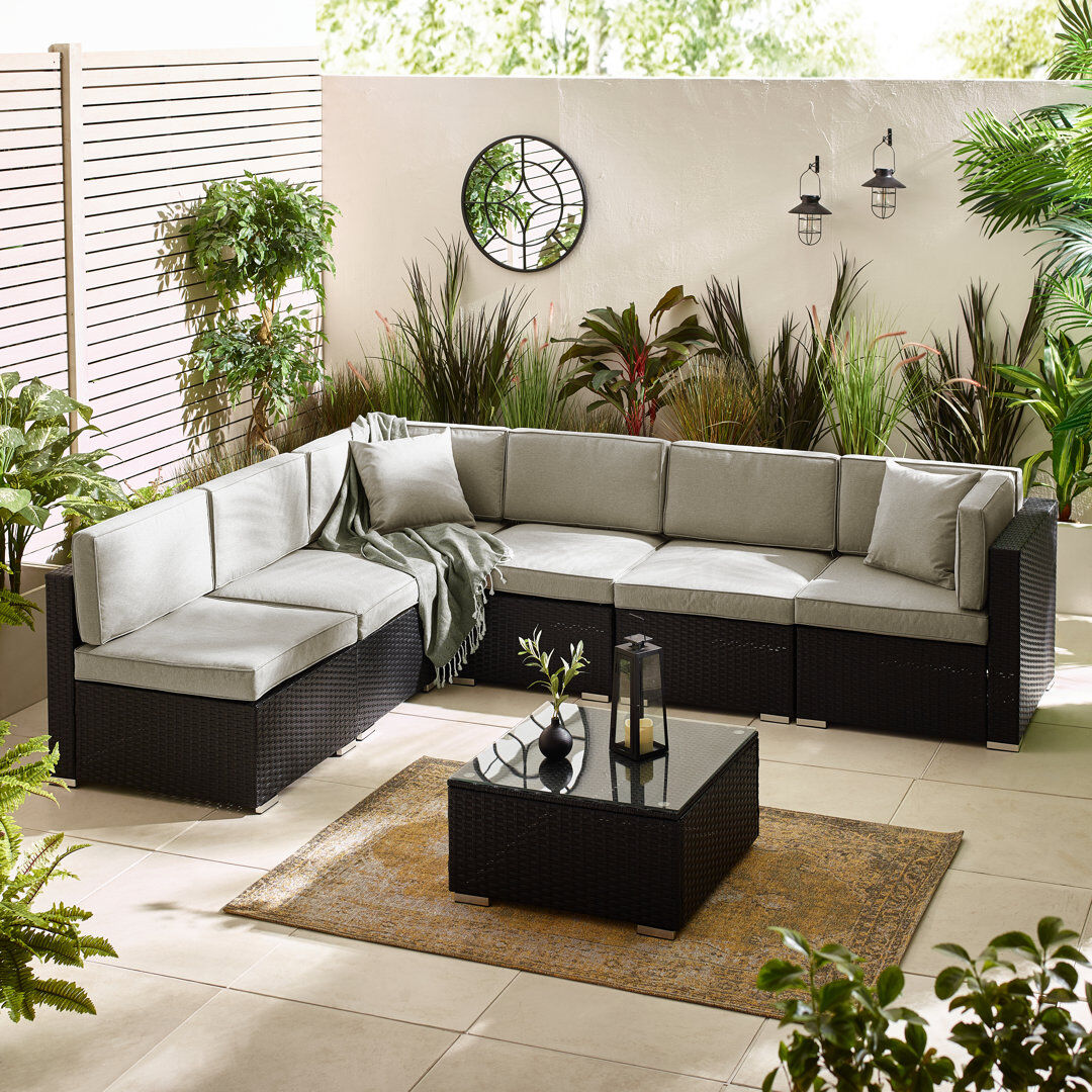Sol 27 Outdoor Miacomet Modular PE Rattan Garden Sofa Set and Table for Modern Gardens and Patios (Cover Included) Grey Cushion/Black Frame 6