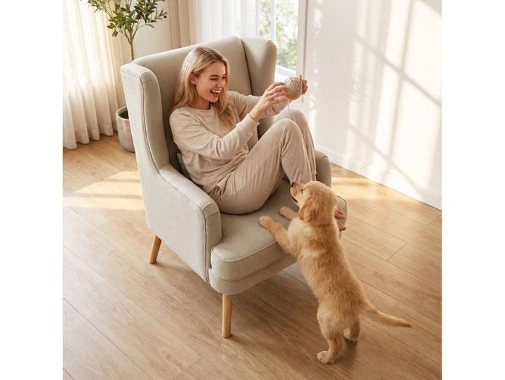 Fauteuil Beige Effet Lin Fauteuil Relaxation FloraGrace Pour Salon Avec Coussin Lombaire 110x77x77cm