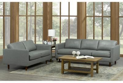 Booker Mid Century Modern Grey Top Grain Italian Leather Tufted Sofa and Loveseat