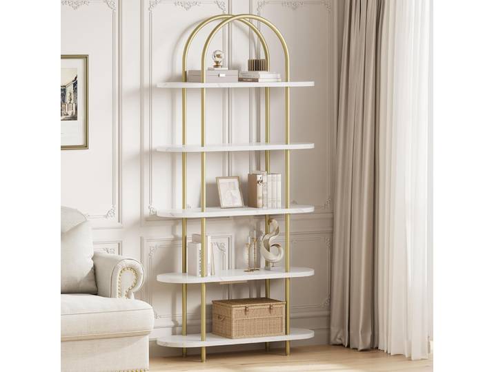 Bibliothèque à 5 niveaux, présentoirs arqués, grande bibliothèque sur pied, cadre en métal, support de rangement moderne pour chambre à coucher, salon, maison, bureau