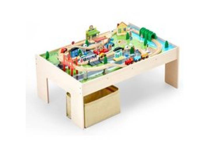 VEVOR Table Circuit Train Bois, 84 PCS, avec Rail de Train, Bac Rangement Pliable, Table d'Activités 3 en 1 Double Face pour Jouer, Dessiner, Lire, Manger, Jouets Créatifs pour Enfants 3 Ans et Plus