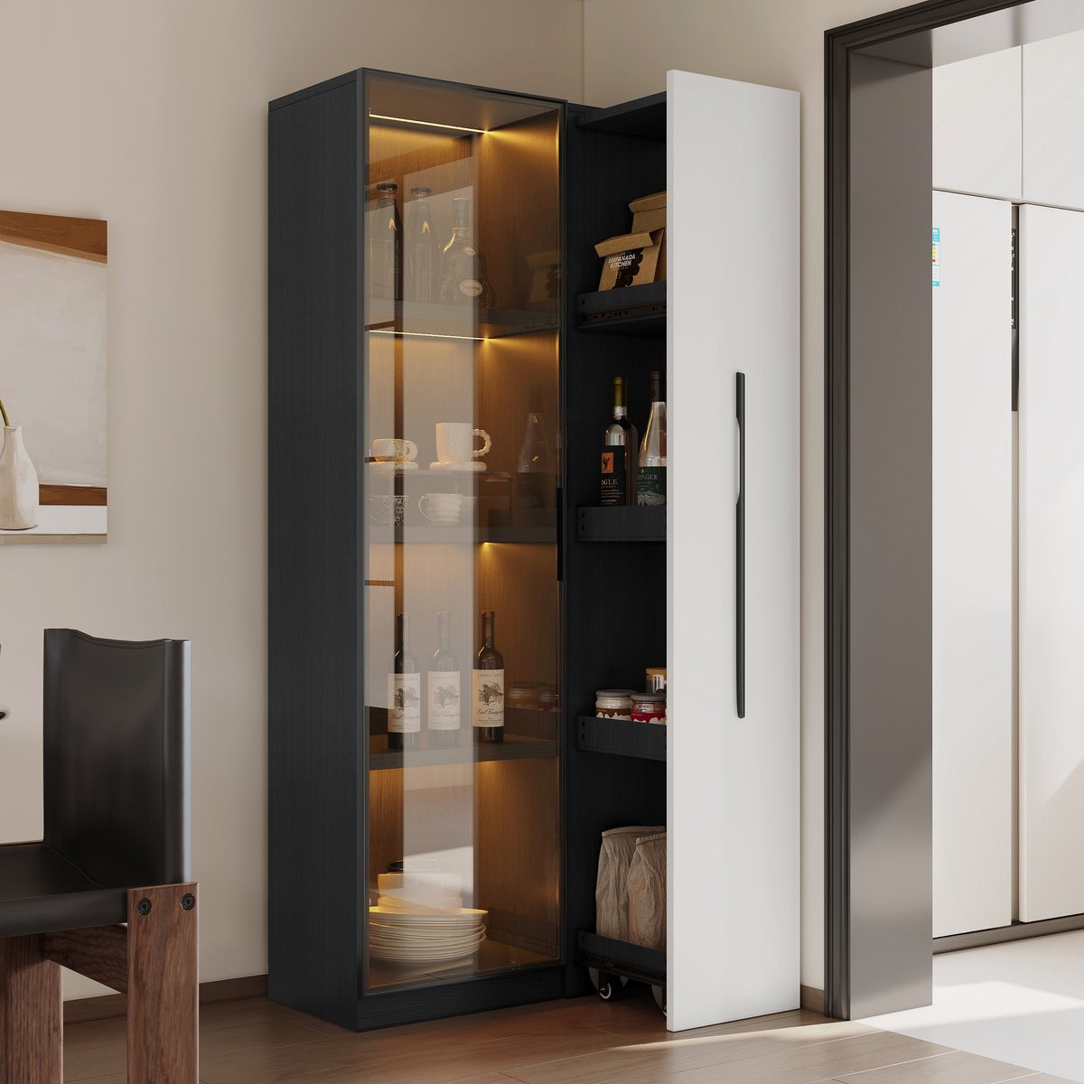 Zilveren Vitrinekast met LED, Wielen en Glasdeur - Hoogte: 160 cm