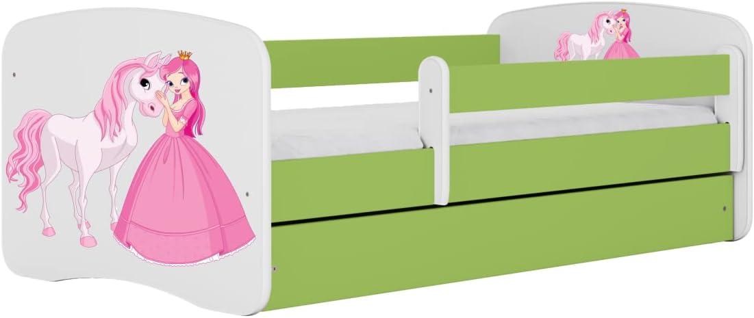 Kinderbett 80 x 180 cm in Grün mit Schublade, ohne Matratze, mit Prinzessinnen- und Pferdemotiv