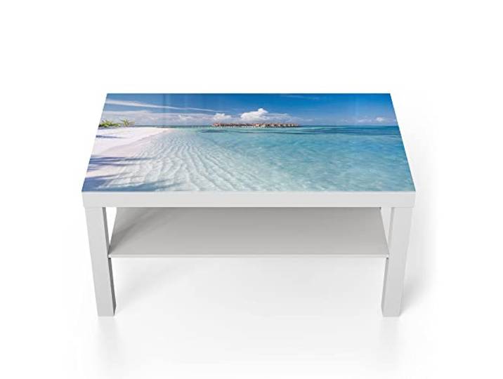 DEQORI Glastisch weiß groß 90x50 cm Motiv Flitterwochen-Paradies ausgefallener Beistelltisch aus Glas Hochglanz Couchtisch fürs Wohnzimmer moderner Couch Tisch mit Design