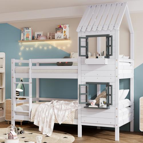okwish Kinderbett Etagenbett mit Handlauf und Fenster,Hausbett,mit Fallschutz und Gitter, Rahmen aus Kiefer,weiß (90x200cm) mit einer Matratze