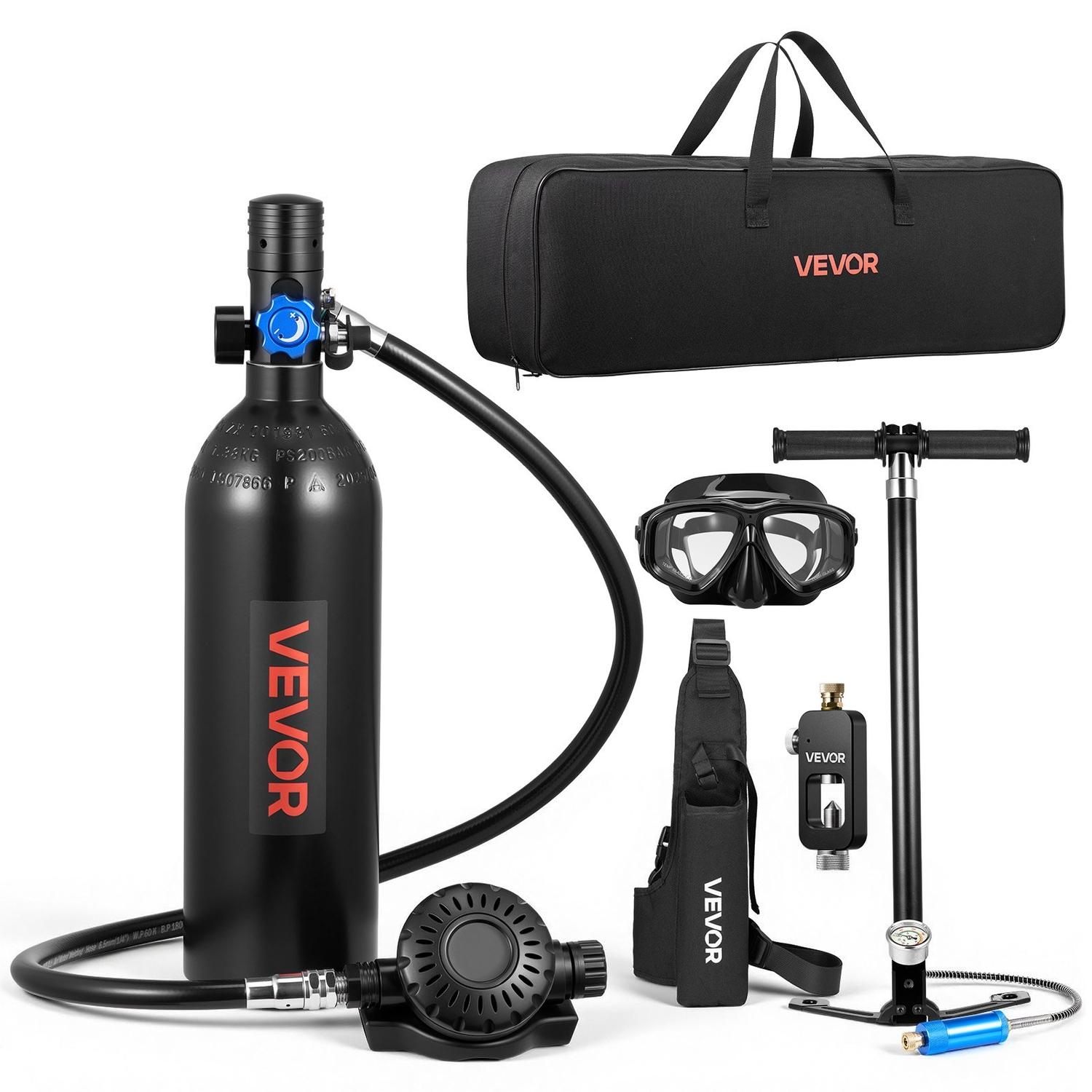 Mini Scuba Tank, 1L Portable Diving Tank for Underwater Breathing, Reusable Lung Diving Cylinder up to 20 Minutes Dive Time, Emergency Rescue Pony Bottle with Adapter & Goggles for Snorkeling