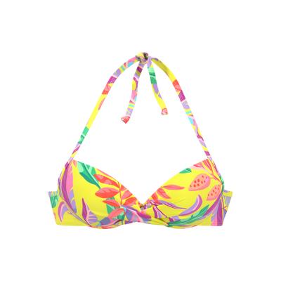 Push-Up-Bikini-Top S.OLIVER "Mallorca", Damen, Gr. 38, Cup C, gelb (gelb, bedruckt), Recycling-Polyamid, bedruckt, Bikini-Oberteile, in Wickeloptik