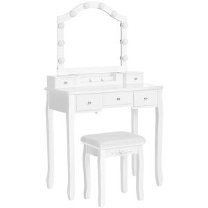 Vasagle Schminktisch RDT170W01, mit Beleuchtung, Spiegel, 5 Schubladen & Hocker, 80x139cm
