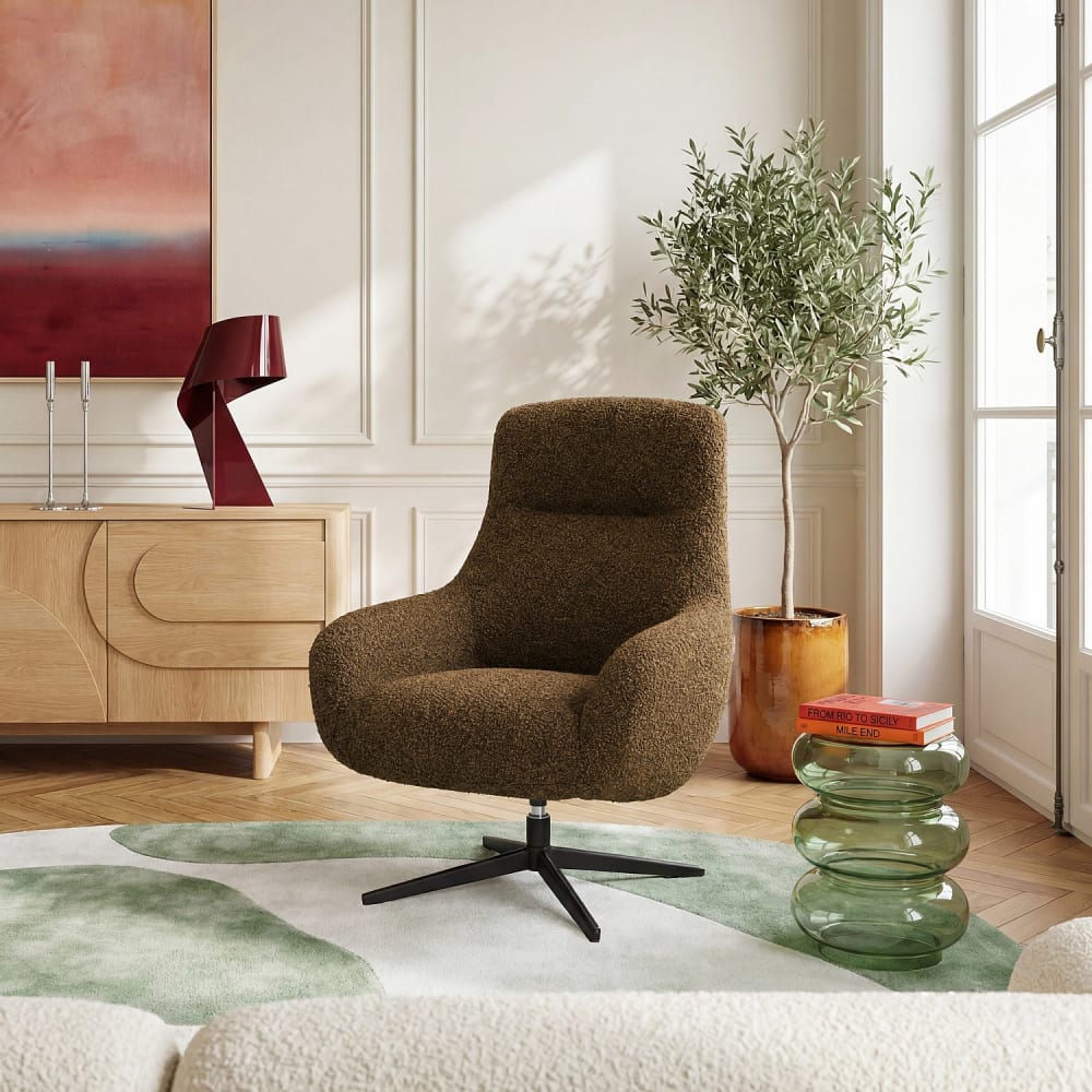 Habitat Fauteuil design pivotant en tissu bouclette et métal noir - marron Marron 83x103x87cm