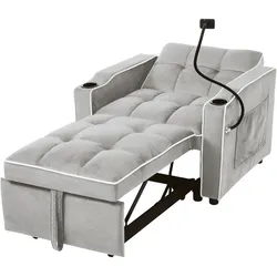 Multifunktionales Schlafsofa 167x83x76 cm, verstellbar, ausziehbar, Samtbezug, Getränkehalter, Handyhalter, Stauraum, platzsparend, Grauweiß