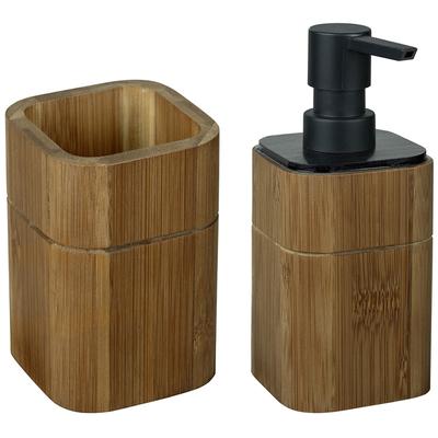 Badaccessoire-Set WENKO "Modell Serro", braun, Bambus, Kunststoff, Badaccessoires-Sets, Seifenspender und Zahnbürstenhalter aus stabilem Bambus