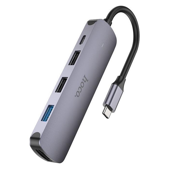 Hoco Adapteris HB27 Type-C Multi-Function Converter HDMI+USB3.0+USB2.+PD pilkas (USB-C, 5 Ports) (6931474769329)