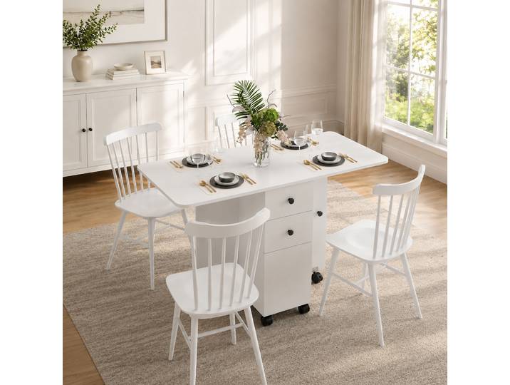 HOMCOM Table Pliante Cuisine Mobile Blanc avec Tiroirs et Armoire
