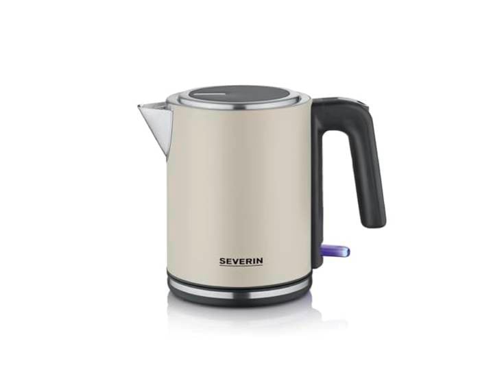 Severin Bouilloire compacte électrique 1 L\, Filtre anticalcaire amovible\, Ouverture XXL\, Ébullition rapide Base à 360°\, Niveau d’Eau Visible\, inox\, Beige\, 2400 W\, WK 9577