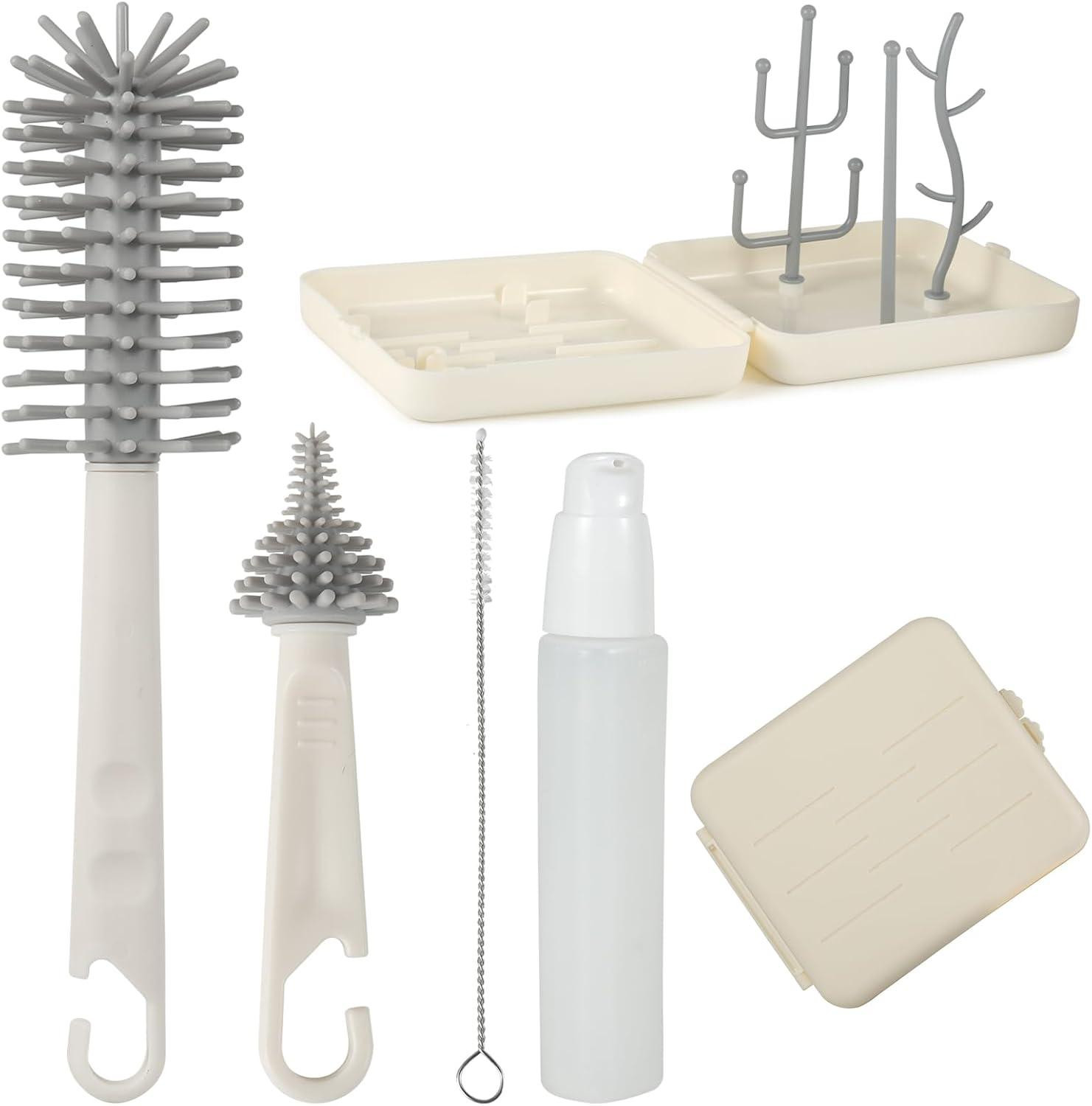 Flessenborstel Set 7-in-1 met 3D Teat Borstel, Opbergdoos en Zeepdispenser