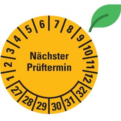 Dreifke® Prüfplakette Nächster Prüftermin 27-32,gelb,ökologische Folie,Ø 30mm,18 St/Bogen