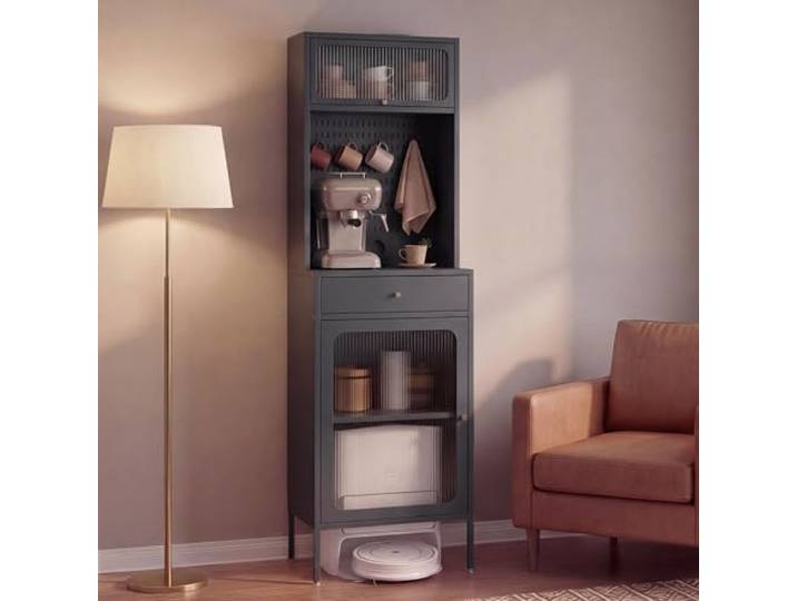 Mendler Highboard HWC-P99 Staufächer Metall Glas 182x54x40cm - anthrazit