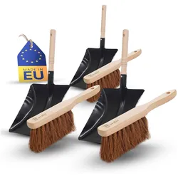 4er Kehrblech Set KOKOSBORSTEN Handfeger Kehrblechgarnitur Metall Schwarz lackiert Kehrblechbesen weiche Borsten Handbesen Kokosfaser Handkehrset Kehrblechset Kehrschaufel Feger und Kehrblech