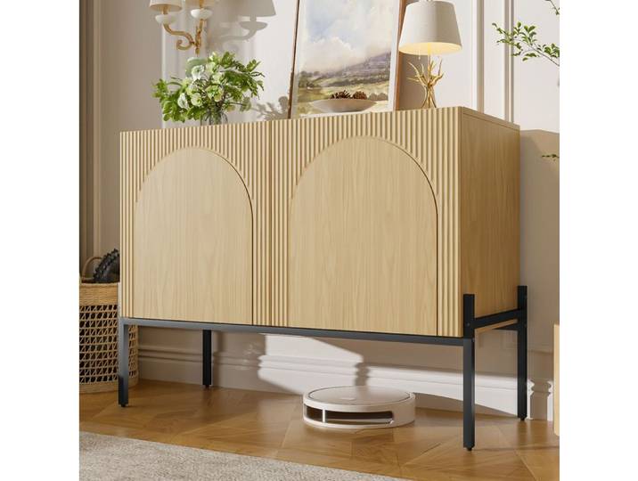 Buffet bas 2 portes avec pieds métalliques - LPOSPI - style moderne panneau de particules naturel 100 × 75 × 40 cm