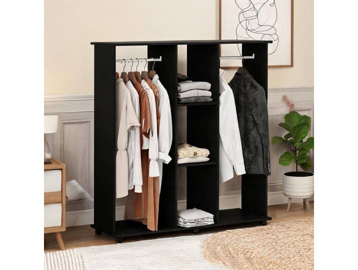 Dressing ouvert noir 120x40x128 cm 2 penderies 3 étagères mobile sur 6 roues