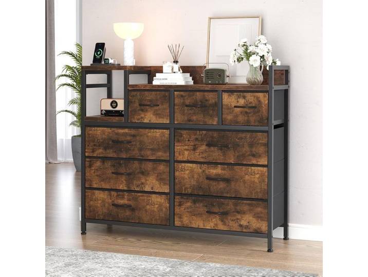 Commode Chambre - 9 Tiroirs en Tissu-HOERFURIY-Meuble de Rangement multifonctionnelle pour chambre à coucher-marron