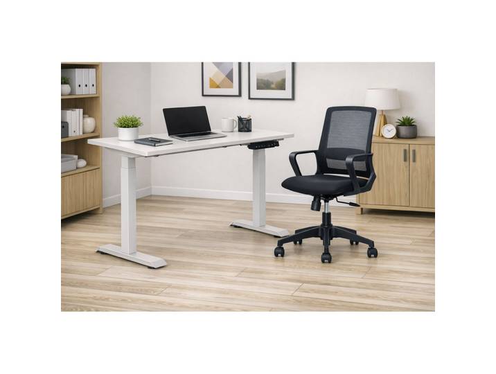 MONDOFFICE Pack Bureau 120 x 60 réglable électrique en hauteur Plateau Blanc - Pied Blanc + Fauteuil Ergonomique Homely Noir
