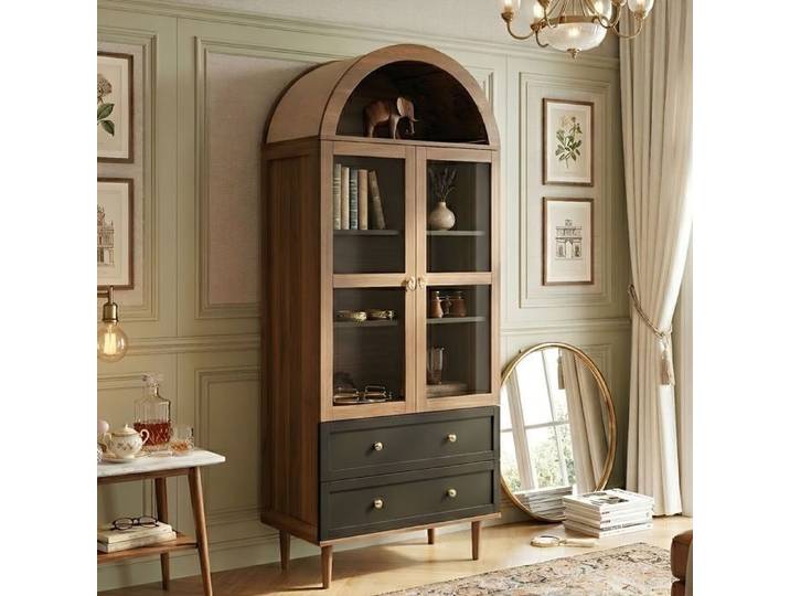 Buffet Haut 70x38x165cm - Vitrine Arquée - Design Rétro - Rangement Flexible - MDF Noyer