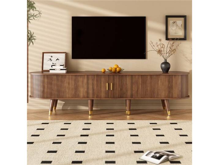 Meuble télévision 175 cm avec portes coulissantes en rotin et finition chêne noyer design champêtre
