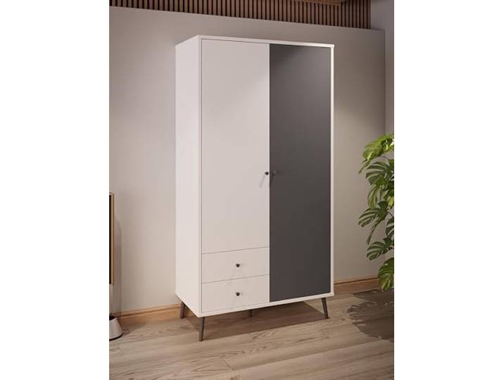 Forte Harllson, einfache Montage Dank EasyKlix Kleiderschrank Weiß mit Wolfram Grau, 2 Türen, 2 Schubladen, Einlegeböden und Kleiderstange, 105 cm breit x 202 cm hoch x 52 cm tief