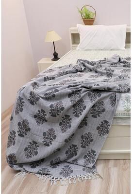 "Fabdivine Swadesh Handcrafted Cotton Blanket - Reversible Traditional Indian Block Print Throw with Fringe Tassels, 90""x 54"""