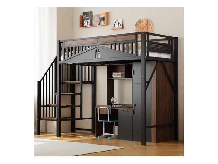 KLAM HOME Hochbett Metall-Hochbett 90 x 200 cm, mit Fenster, Treppe und Sicherheitszaun Genügend Platz unter dem Bett für freien Stoffbezug, Schwarz