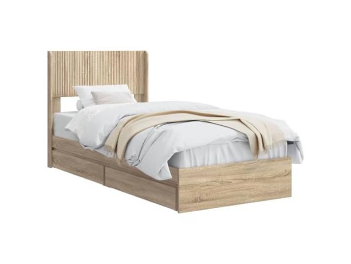 PUGYNBK Bett mit Stauraum und Kopfteil, Sonoma-Eiche Robustes Holz, Lattenrost, integrierte Fächer, modernes Design
