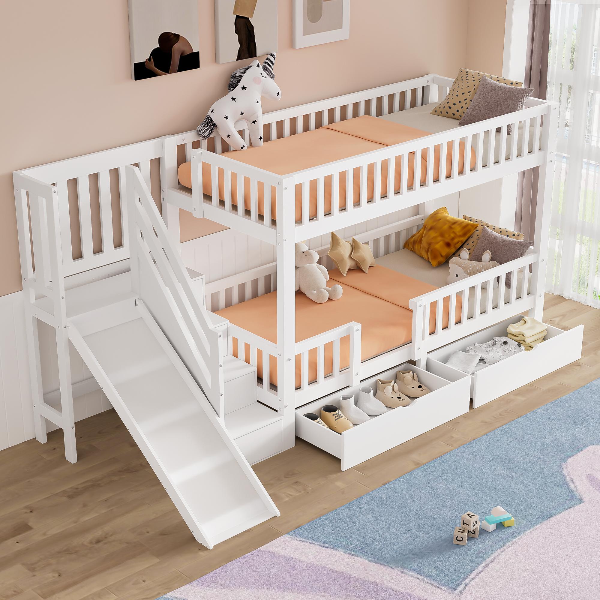 Kinder-Etagenbett 90x200 cm mit Rutsche und Treppe, 2 Schubladen, magnetischer Tür, Lattenrost, Massivholz + MDF, Weiß