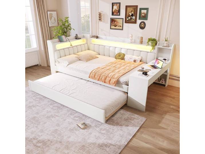 Lit de jour rembourré - 140x200 - Lit gigogne 90x190 - LED 7 couleurs - Port USB et bureau intégré