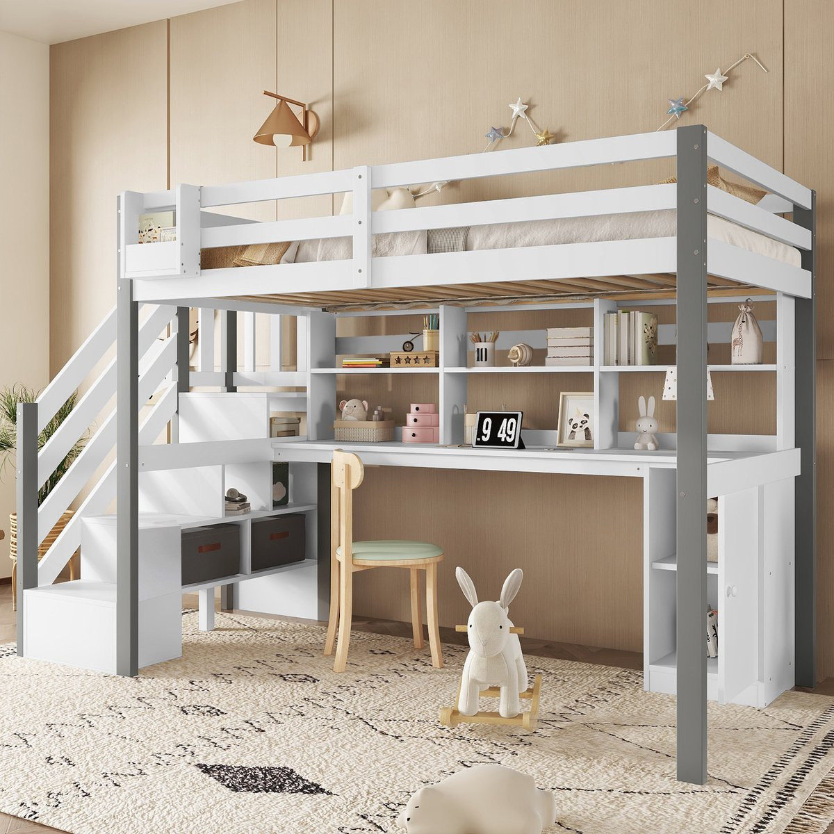 MODFU Halfhoog bed met bureau en opbergladder, Wit/grijs, Massief hout, 90 x 200 cm
