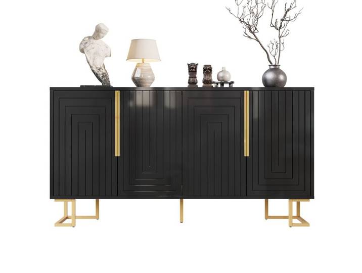Buffet noir à portes géométriques poignées dorées et pieds métal