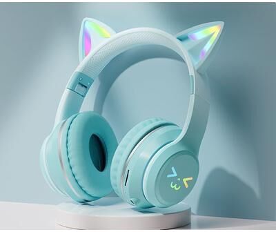 Uplifted Trends Cute Cat Ear LED Bluetooth Headphones For Kids Wireless RGB Earphones With Mic mint