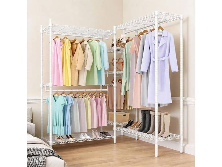KOIOPLIE Portant à Vêtements L- Penderie Autoportante Tringles Étagères Réglables - 3 Combinations - Chambre/Dressing - Blanc