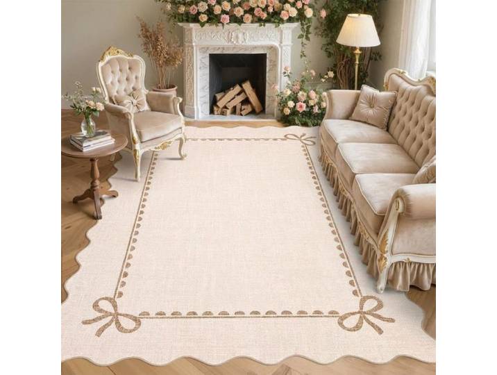 Tapis moderne à volants beige 160×230 cm motif nœud poils courts lavable dos caoutchouc