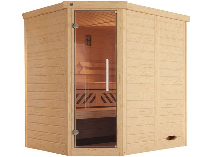 Sauna WEKA Design-Sauna KEMI , beige (natur), Bio-Ofen, externe Steuerung, 4,5 kW, Saunen, Sauna, Blockbohlen, vorgefertigte Elemente, moderne Ganzglastür