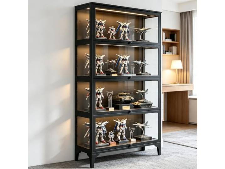 Vitrine mit Glastür,4-stöckige Vitrine mit transparenter,B-165*78*32cm Durchgehender Ausstellungsfläche für Sammlerstücke, Glasvitrine schwarz ,B-165*78*32cm