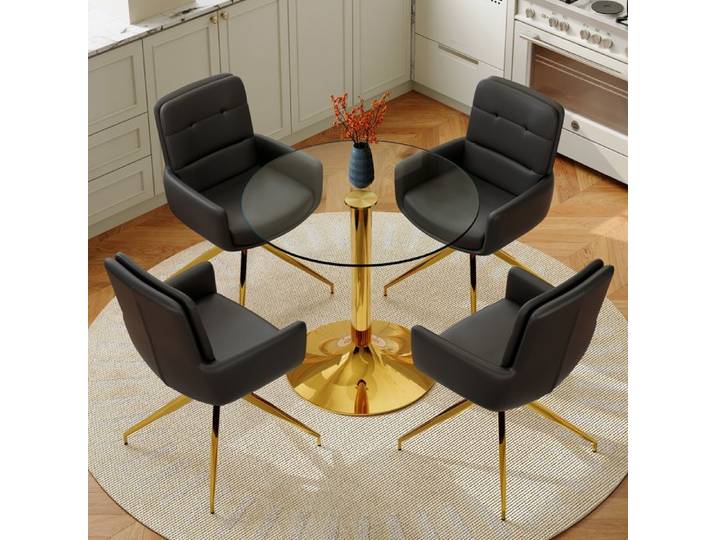 WUVRIE Ensemble table ronde et 4 chaises pivotantes 360° verre trempe 85 cm noir or et transparent