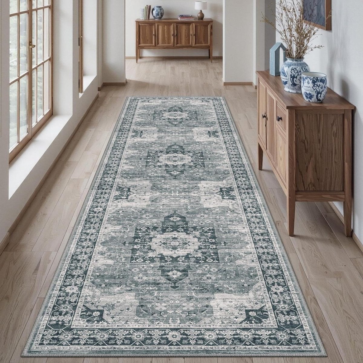 Blauw Vintage Runner Tapijt met Antislip Onderkant voor Gang, Keuken of Badkamer - B/D/H: 61 x 183 cm