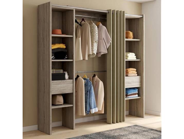 IDMARKET Dressing extensible double MERYL 120/180 x 50 x 180 cm hêtre avec étagères + double penderie + rideau taupe