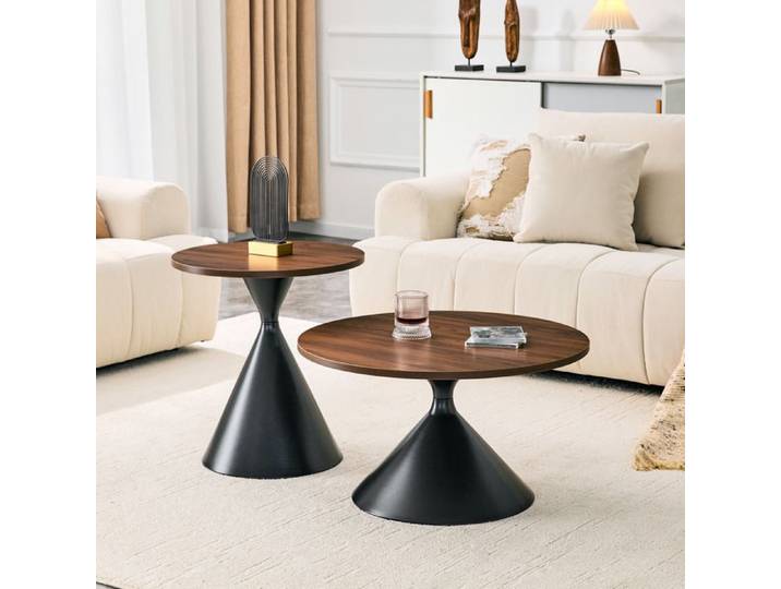 Zitty Table Basse Gigogne Noyer Lot de 2 Ronde Bois et Métal Noir Empilable Gain de Place Salon