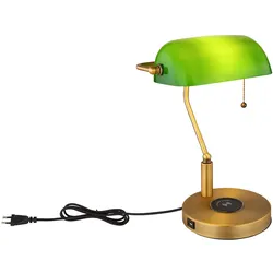 Schreibtischleuchte Bankerlampe Tischlampe altmessing Glas grün Leseleuchte, kabelloses Laden USB Anschluss, Zugschalter, 1x E27, LxH 26,5x36 cm