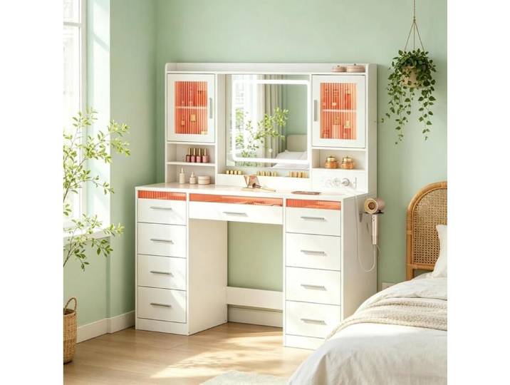 MEULVA Coiffeuse moderne avec miroir LED RGB plateau en verre trempé rangement blanc