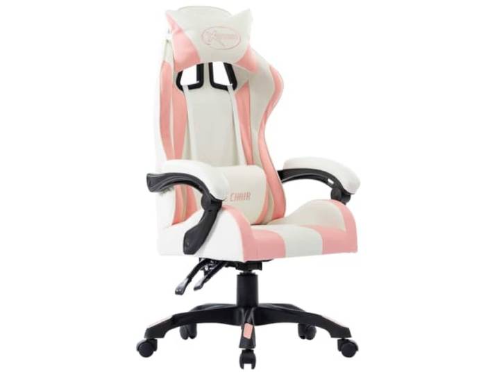 Favemtsl Gaming Stuhl Ergonomisch Kunstleder Rosa Weiß mit Kissen Komfortabler Bürostuhl mit Liegefunktion und Lendenkissen fürs Jugendzimmer, höhenverstellbar und 360 Grad drehbar.